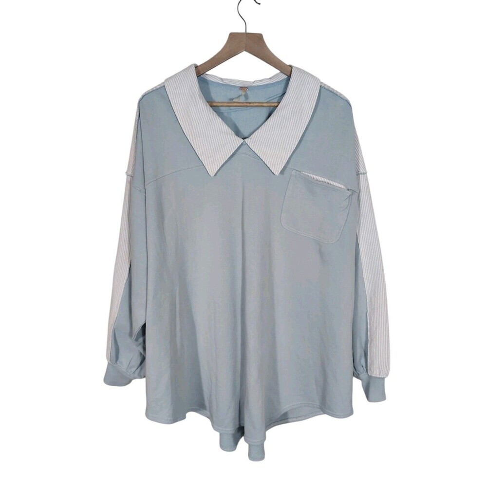 Oversized Striped Sweatshirt XS Slouchy Casual Blue Free People Madeline - Picture 3 of 12